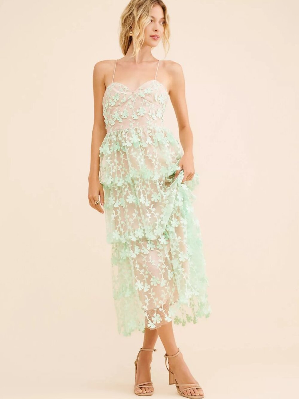 Anthropologie Endless Rose Crochet Layered Tulle Midi Dress in Green, Size Small